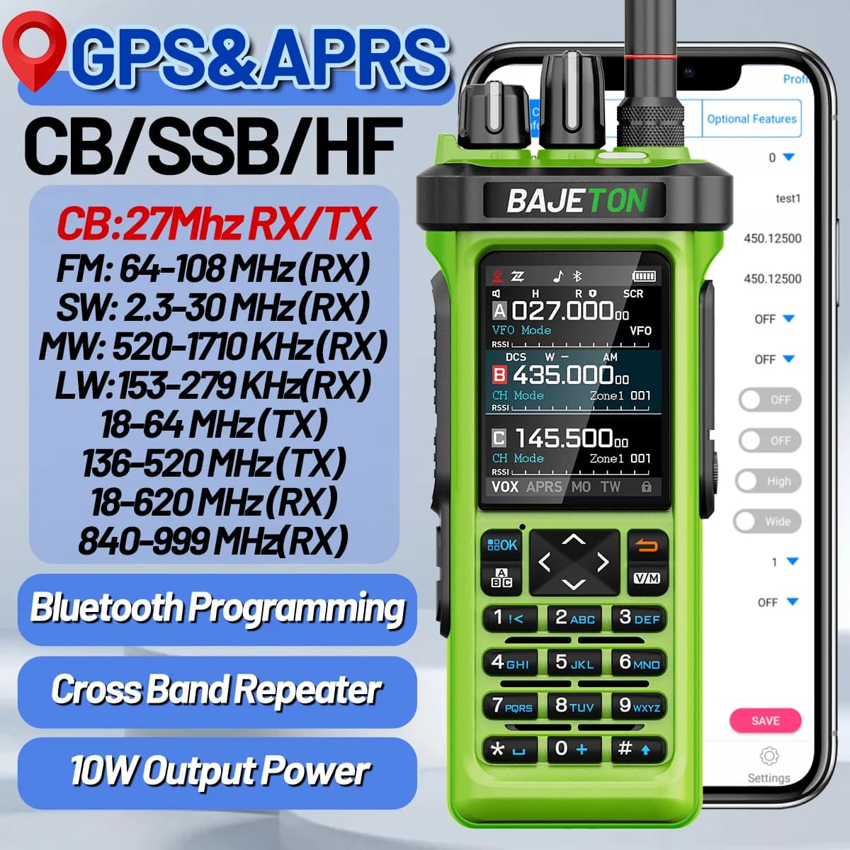 BAJETON BJ-9000 GPS APRS Walkie Talkie 10W CB/SSB/RX/HF CB 27Mhz Programmazione Bluetooth A Lungo Raggio Per RT-950PRO RT-950 Radio