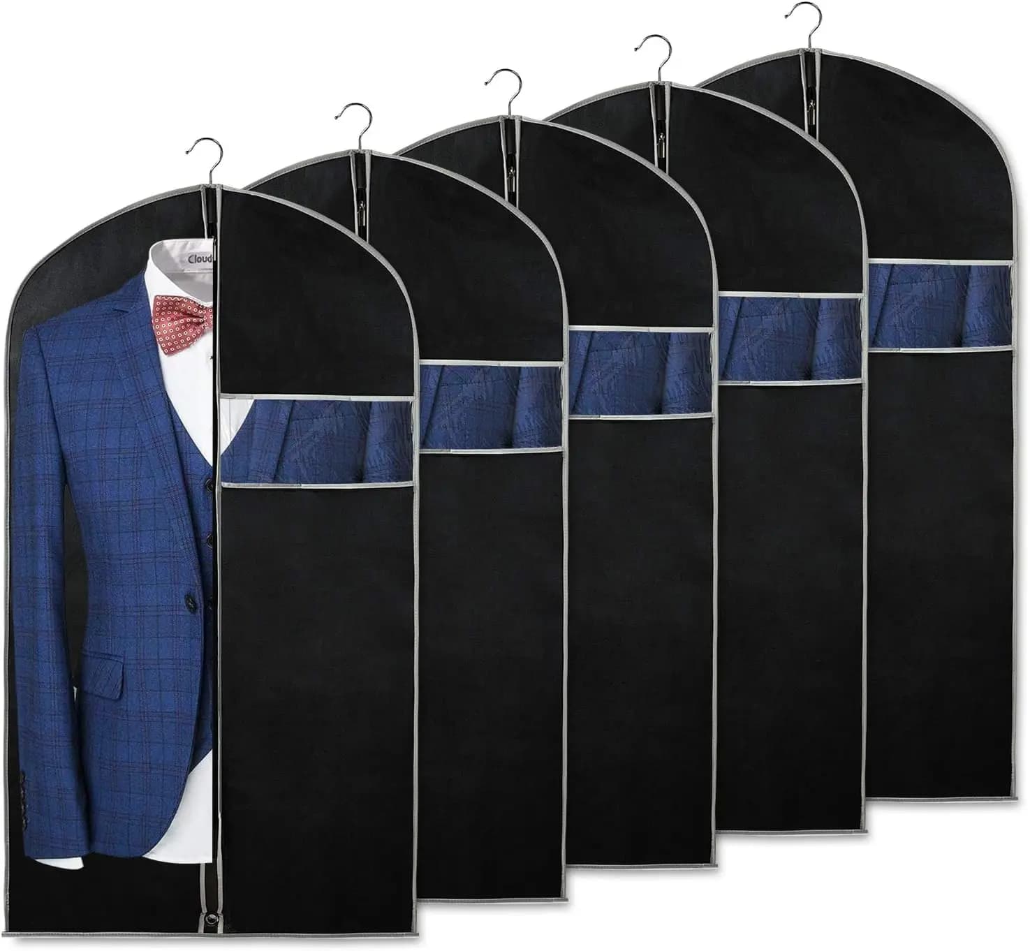 Set di 5 Sacche Porta Abiti per la Conservazione dei Vestiti, Copriabiti da 40 Pollici con Finestra Trasparente e Cerniera, Nero e Grigio