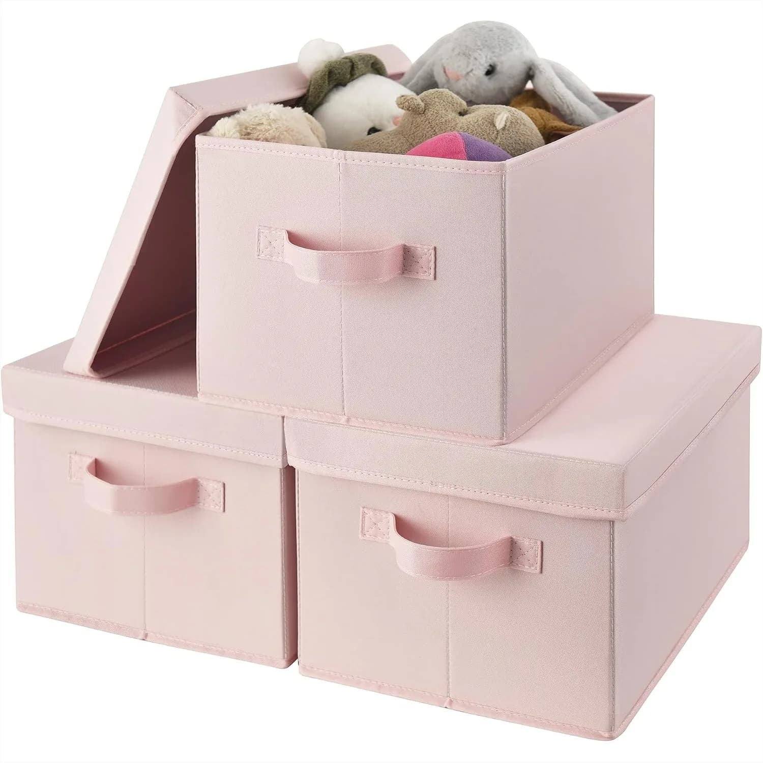 Collapsible Storage Bins with Lids, Fabric Closet Organizer Boxes for Shelves, Pink Medium 3-Pack