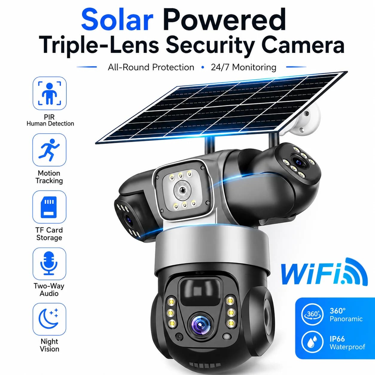 V380 Solar WiFi Security Camera Wireless Outdoor 3 Lens PTZ Surveillance Camera with Color Night Vision and Remote Monitoring