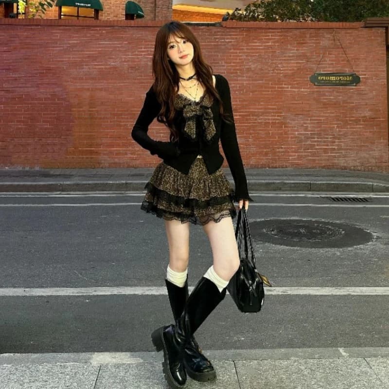 New American Spice Girls Patchwork Set Top Elegant Ball Gown Short Cake Mujer Faldas Slim Pure Desire Leopard Suit Dress
