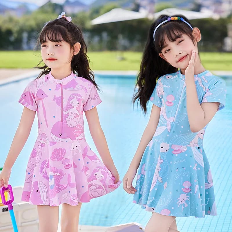 Blue Dolphin Printed Bathroom Costume Animated Cartoon for Kids, Teenagers Children, Interior Swimwear, Holiday Clothes, Small Cool Girl, 2-14Y
