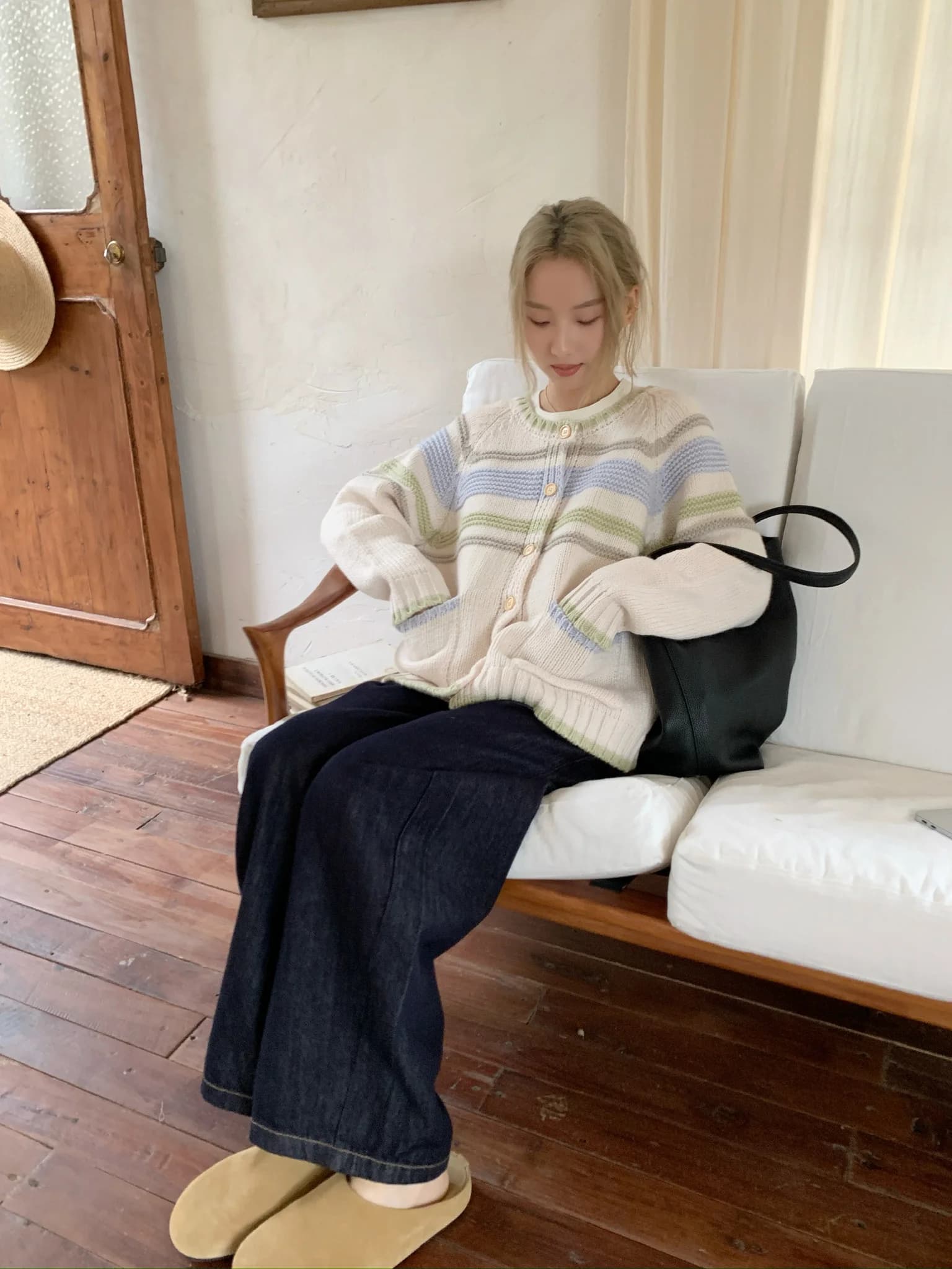Cardigan Lungo in Maglia a Coste con Collo Rotondo e Motivo a Righe Fretaro Salted Matcha per Donna