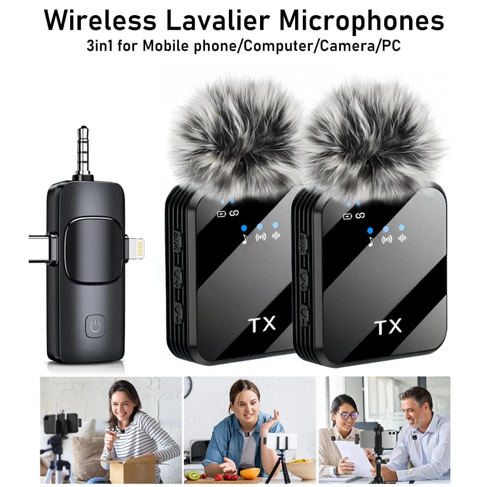 Microfono lavalier wireless 3in1 per fotocamera, iPhone, Android, microfono per registrazione video Registrazione Podcast Microfono con riduzione del rumore