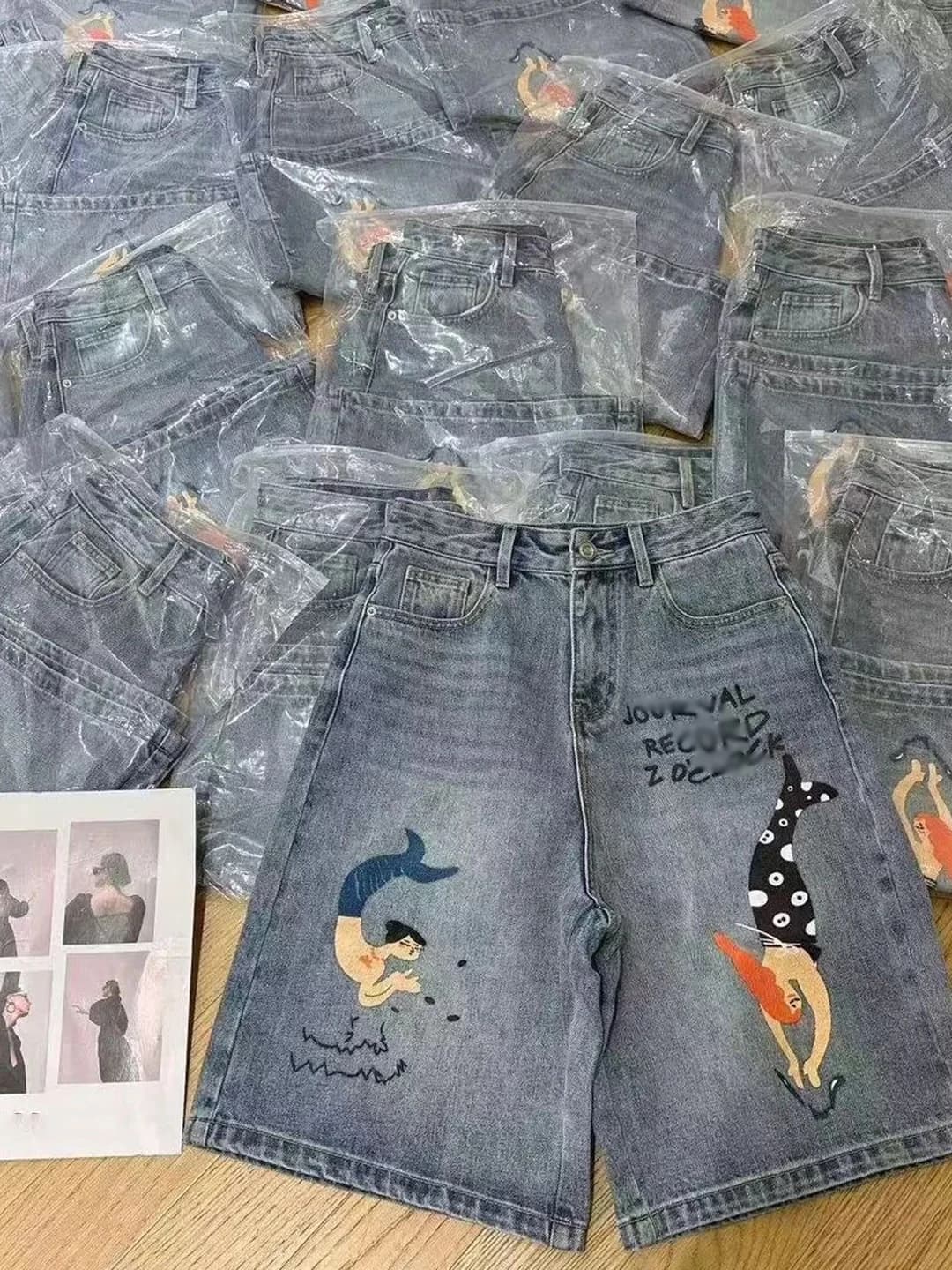 Pantaloncini in denim a vita alta modellanti con stampa graffiti a sirena, da donna, a gamba dritta, alla moda, estivi, casual, a gamba larga