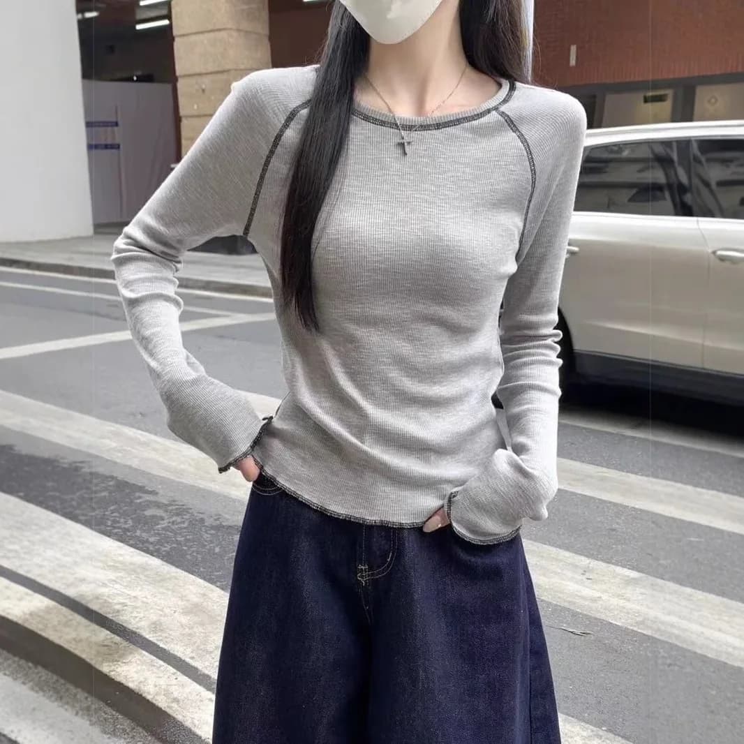 Top a Maniche Lunghe in Maglia Waffle Aderente da Donna, T-Shirt con Collo a Contrasto, Abbigliamento Casual Slim-Fit per Uso Quotidiano
