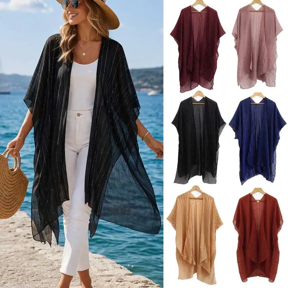 Fashionable Lightweight Women Tulle Shawl Breathable V-Neck Cardigans Summer Scarf UV Protection Beach Cover Up For Women