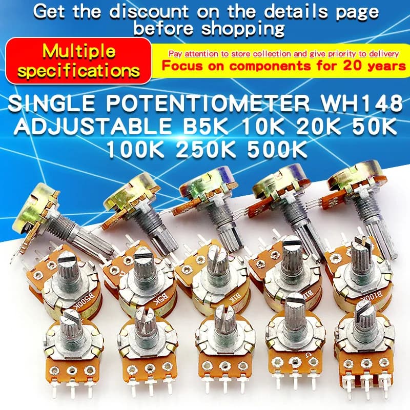5 pz 5K 10K 20K 50K 100K 250K 500K Ohm WH148 20mm 3pin Single link lineare conico potenziometro rotativo per Arduino