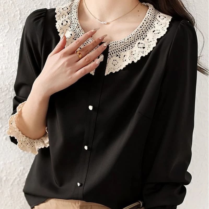 Abbigliamento donna Patchwork a contrasto Camicetta elegante Primavera Autunno Manica lunga Patchwork in pizzo Camicia da ufficio allentata Top Moda vintage