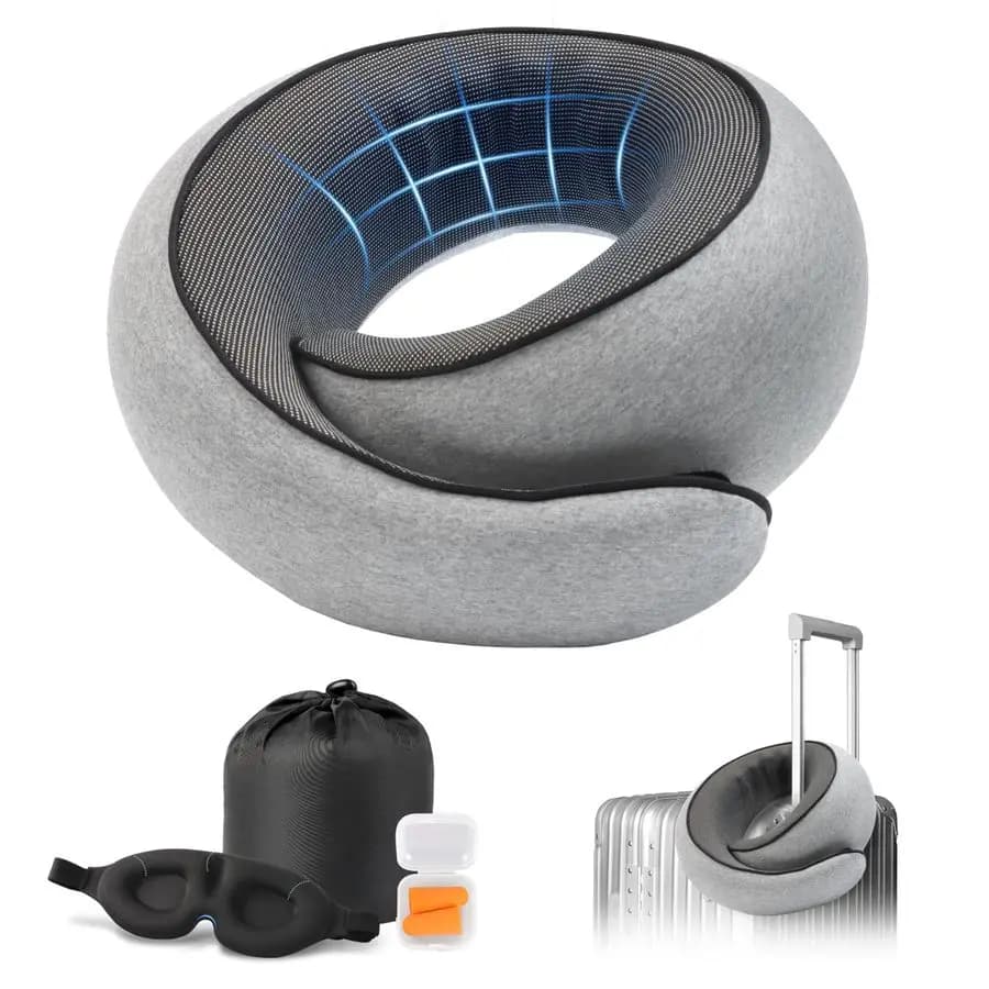 Cuscino da viaggio in memory foam per il collo, cuscino da collo per aereo con maschera per gli occhi e tappi per le orecchie, progettato per il comfort di viaggio e in ufficio.