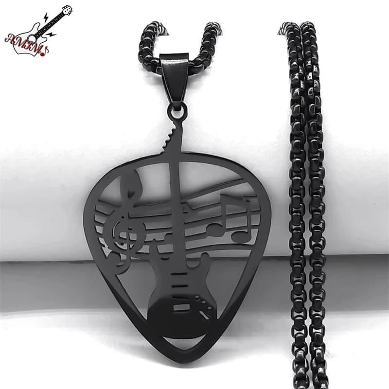 Nota musicale Collana con plettro per chitarra per donna/uomo Acciaio inossidabile Colore nero Punk Rock Collane a catena Collare di gioielli regalo N8417