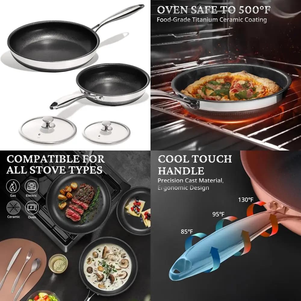 Set di padelle antiaderenti in ceramica titanio - 2 pezzi con coperchi, 10 e 12 pollici, padella in acciaio inossidabile, senza PFAS, cucina sana