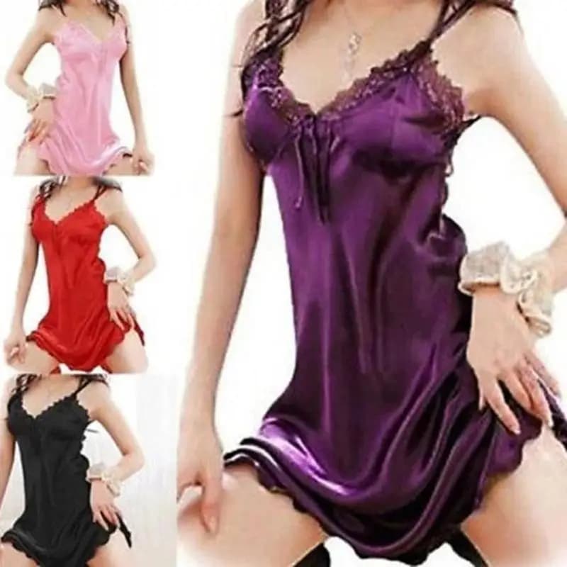 New Women Nightwear Sexy Night Shirt in Silk Satin Babydoll Lace Dress Dress Night skirt with shoulders discoveries
