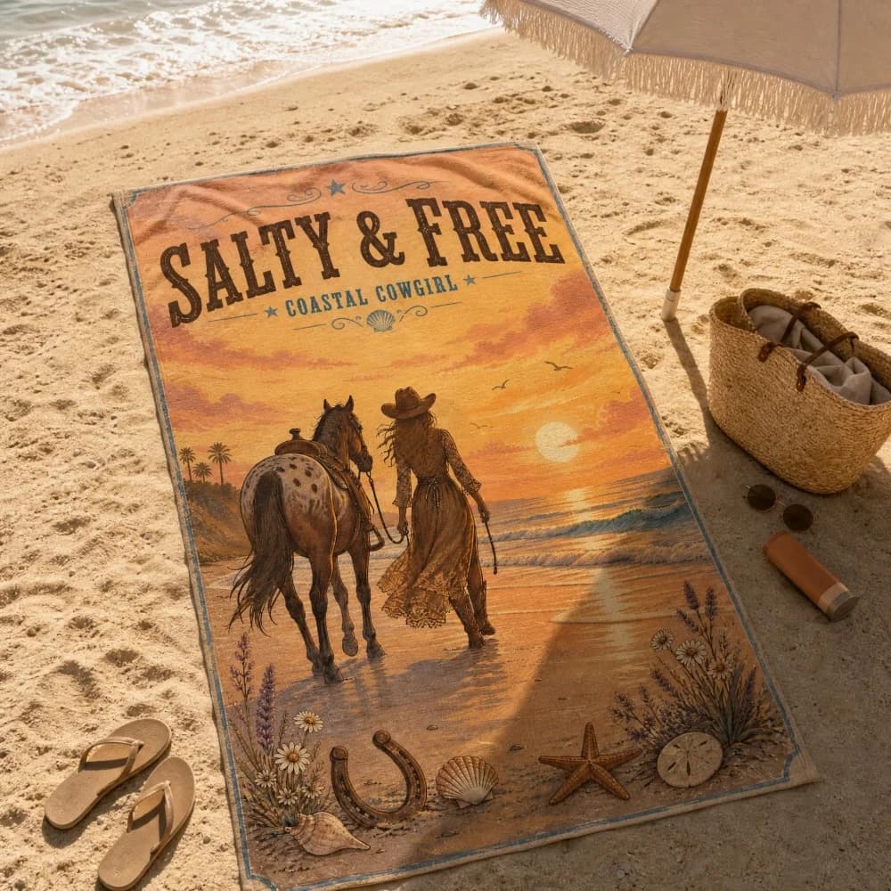 Coastal Cowgirl Western Horse Sunset Beach Towel Salty & Free Retro Print Large Microfiber Towel for Beach Pool Travel Camping