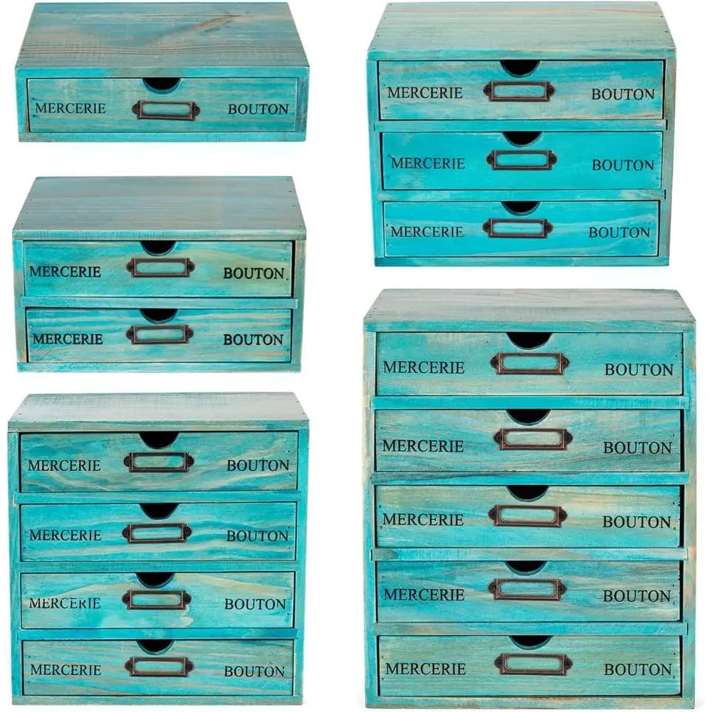 Set di 5 Mobili in Legno Turchese, Organizzatore da Scrivania in Stile Europeo con Cassetti Impilabili e Portaetichette