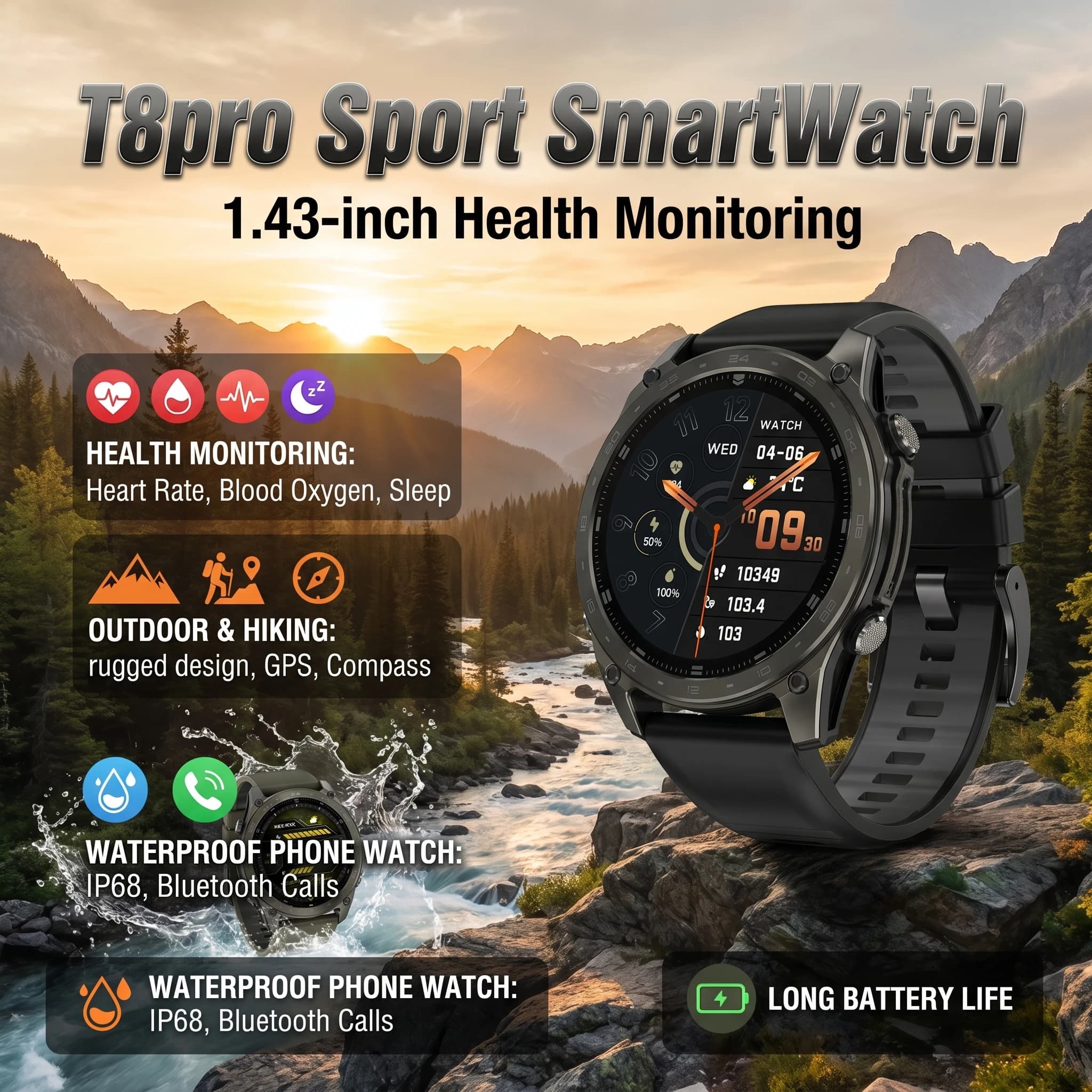 Smartwatch T8Pro con Schermo AMOLED da 1,43 Pollici, Chiamate Bluetooth, Tracker Fitness per Uomo, Impermeabile, per Escursionismo all'Aperto