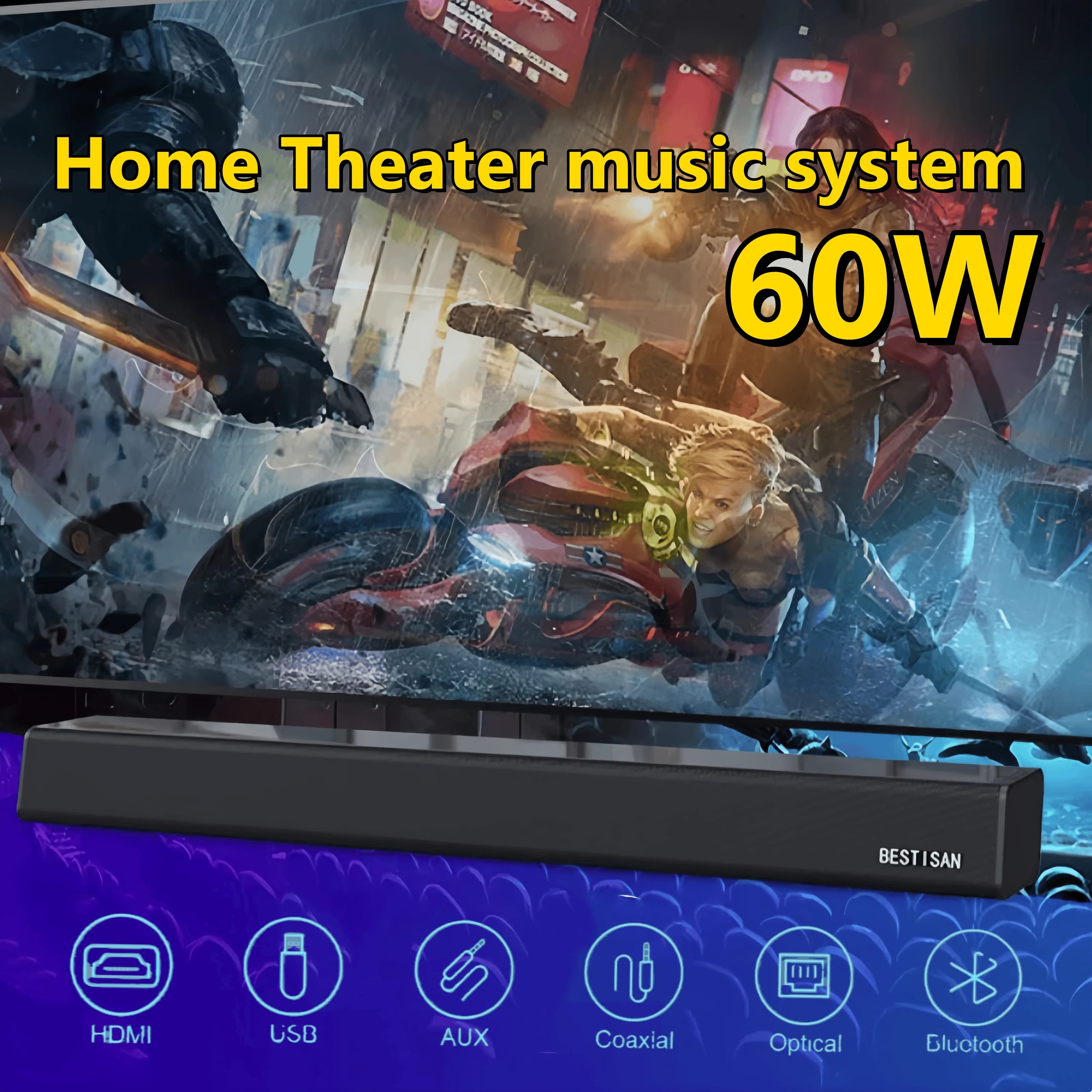 HIFI Powerful 60W TV Echo Wall Speaker Desktop Audio Support USB Drive AUX HDM Coaxial Optical Stereo Bluetooth Soundbar for TV