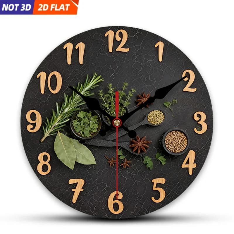 2D Piatto. 1 pezzo. Orologio da parete a tema spezie da cucina, orologio decorativo silenzioso, orologio da parete creativo, adatto per decorare le camere da letto, L