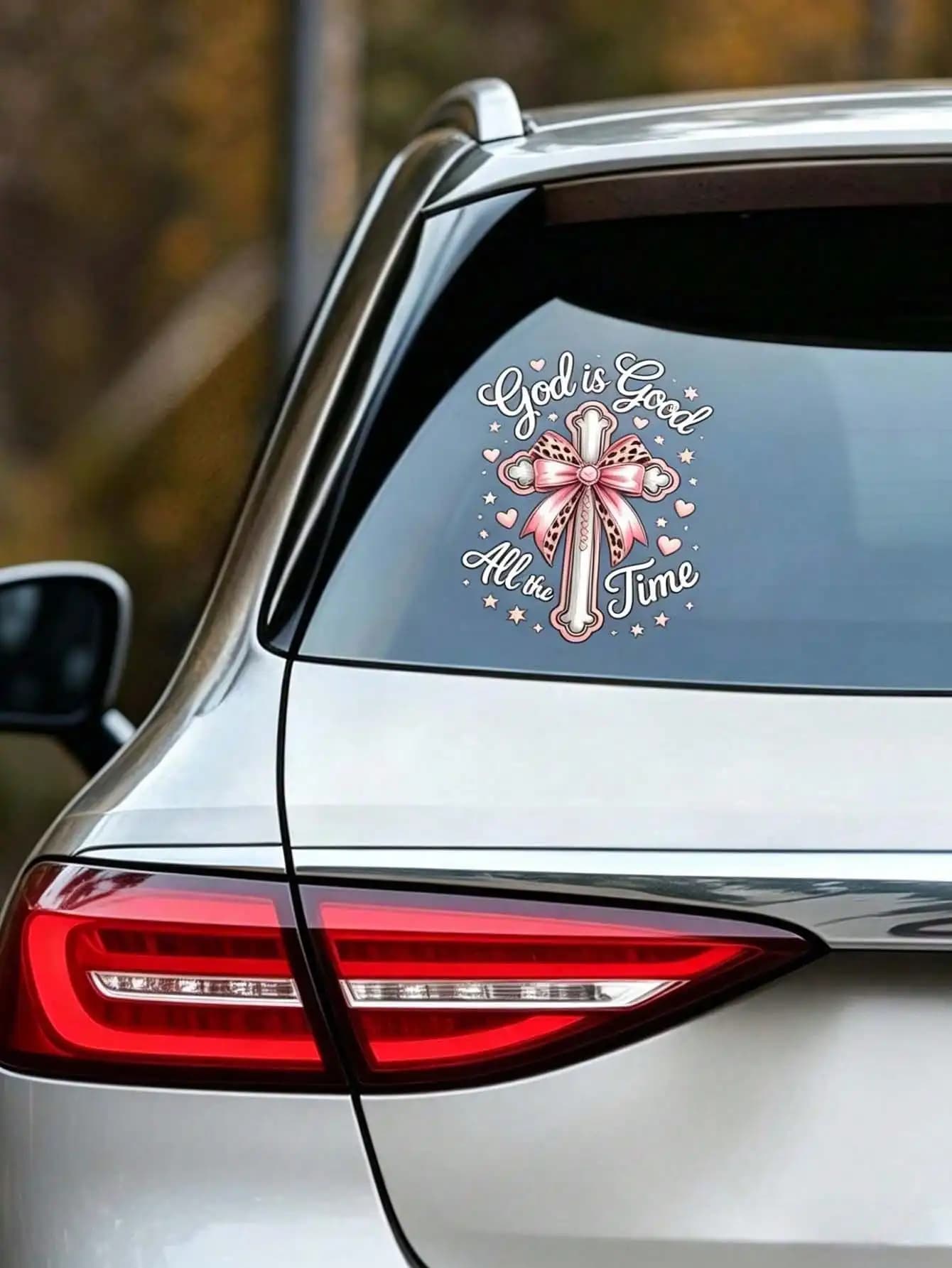 Leopard Print Bow Car Sticker, "God Is Always Good" Waterproof Decal, Suitable for Laptops, Cups & Home Decor