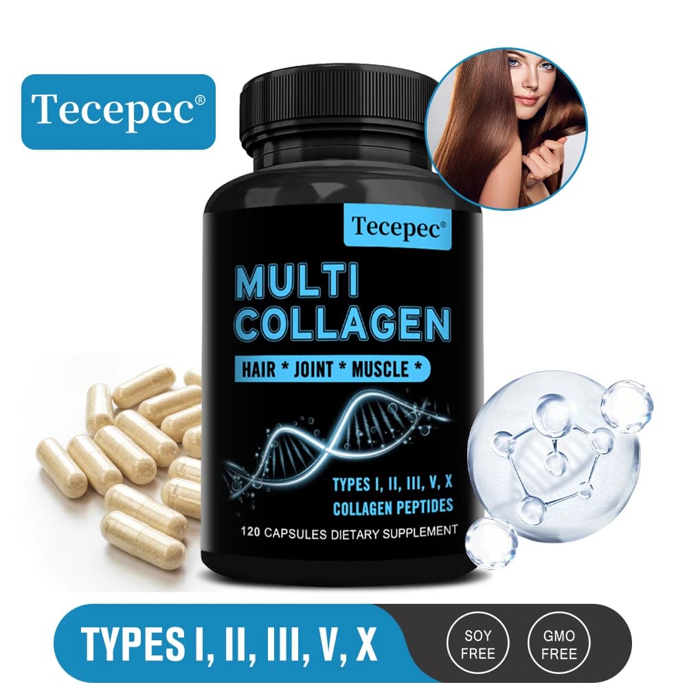 Capsule di Collagene Multi-Tipo I, II, III, V, X, Supporto Anti-Invecchiamento, Sbiancamento della Pelle, Nutrimento per Capelli, Unghie, Articolazioni, Ossa e Salute Orale