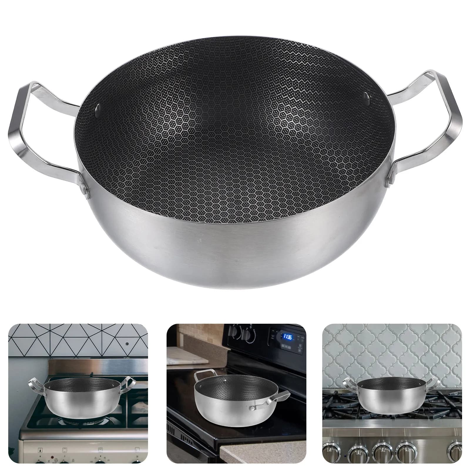 Padella Antiaderente a Doppio Manico con Fondo a Nido d'Ape, Pentola Multifunzionale per Cucinare Zuppe, Noodles e Hot Pot, Utensile da Cucina