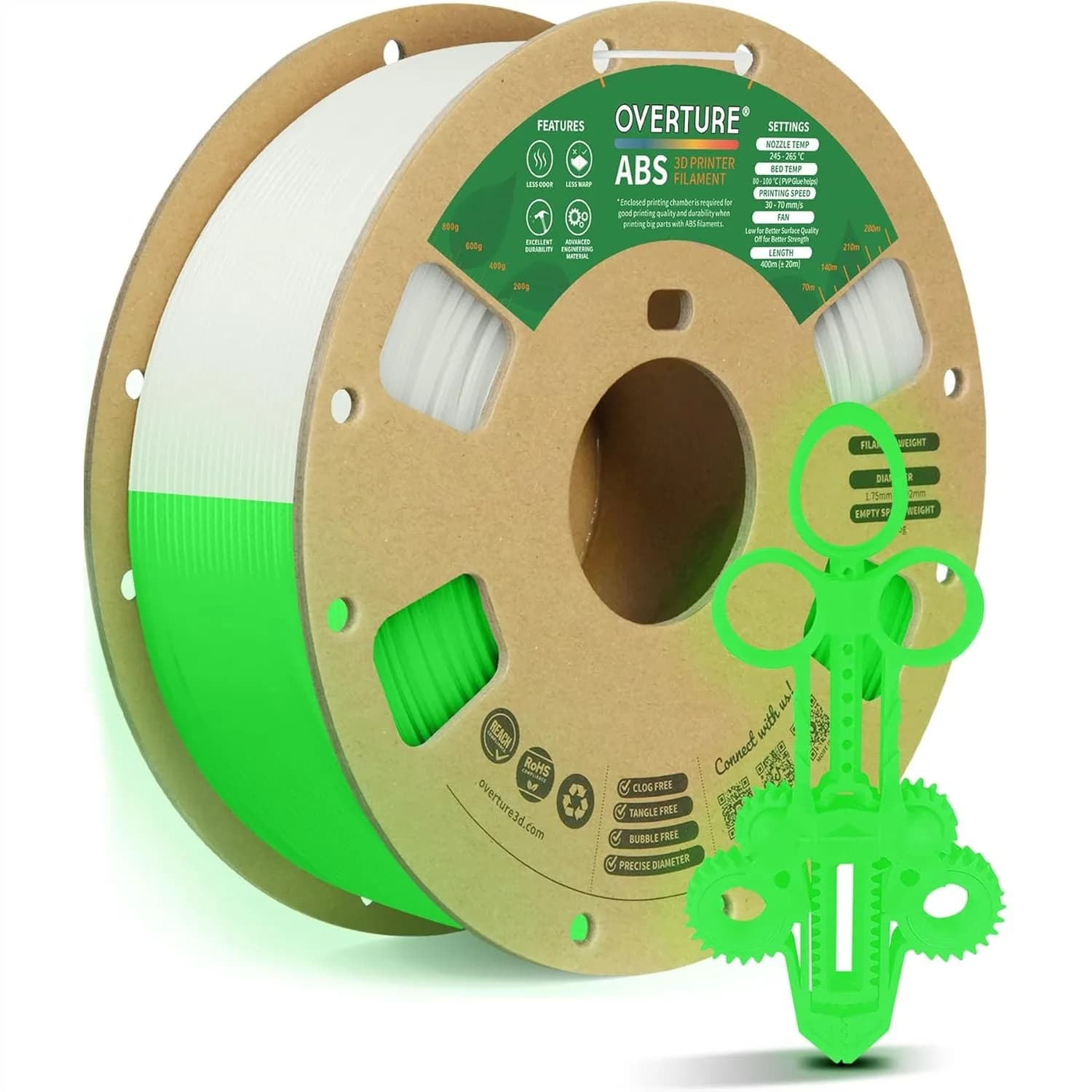 Filamento ABS 1.75mm, Alta Resistenza e Resistente al Calore per Stampanti 3D, Basso Deformarsi, Verde Fluorescente, Bobina in Cartone da 1kg, Precisione