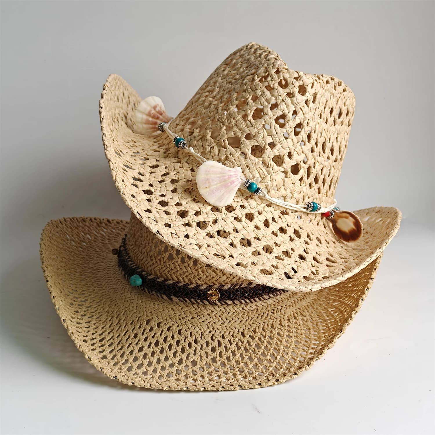 Cappello da Cowboy Western Vintage con Accessori a Conchiglia, da Donna e Uomo, Cappello Estivo da Spiaggia con Protezione Solare, Stile Jazz