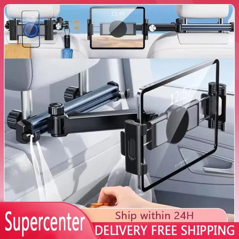 Oatsbasf Car Tablet Holder for Headrest Extension Arm Adjustable Car Mount for Back Seat Phone Stand for iPhone iPad with Hooks