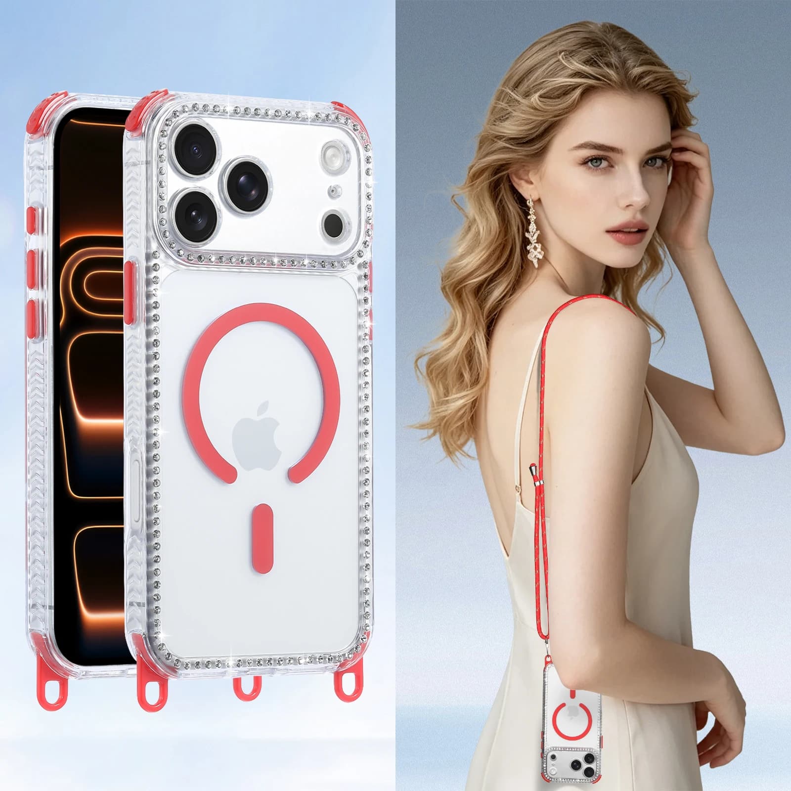Crossbody Long Lanyard Diamond TPU Phone Case for iPhone 17 Pro Max 16 Plus Independent Button‌ Shockproof Slim fit cover