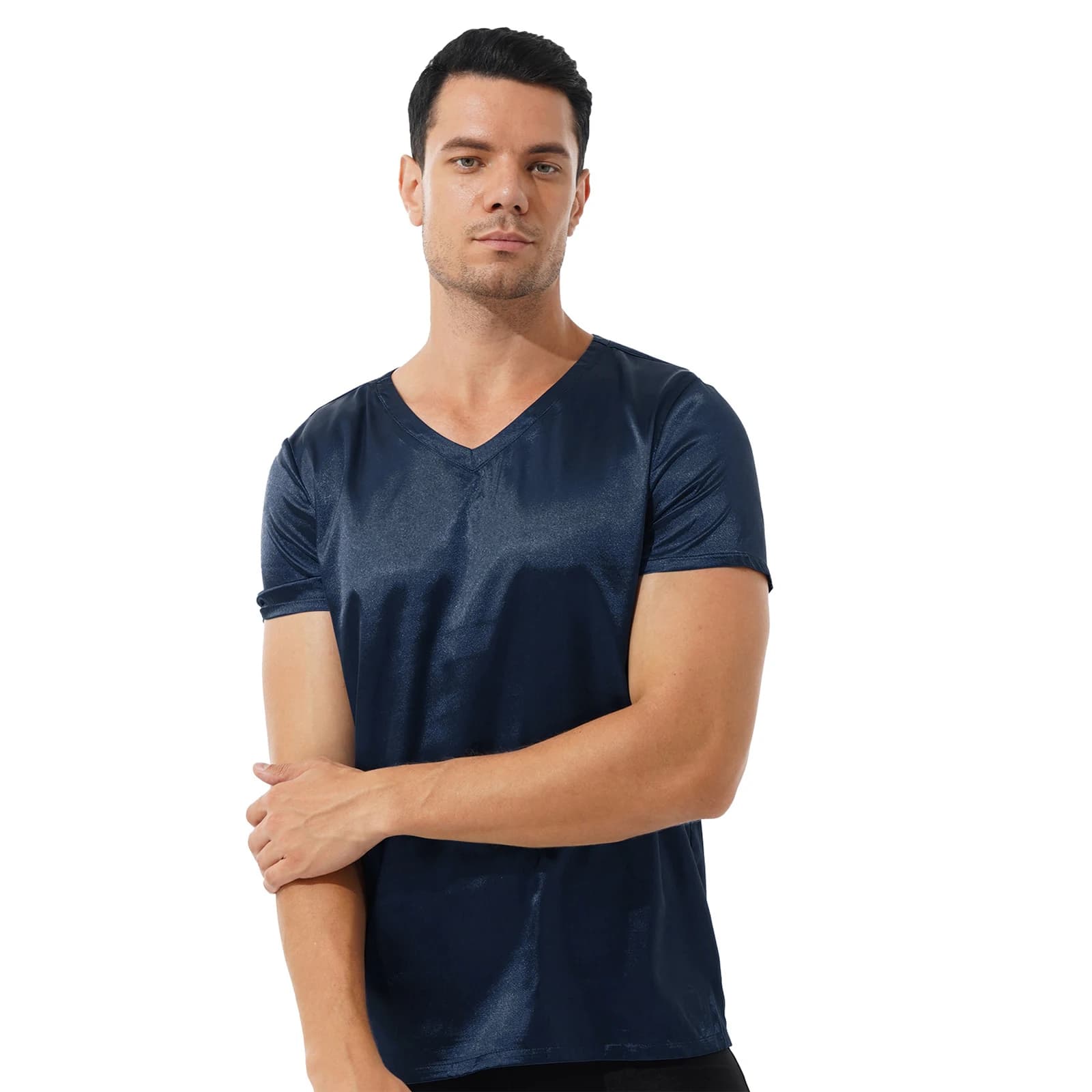 T-Shirt Casual da uomo in raso con scollo a V manica corta da uomo pigiama allentato top T-Shirt T-Shirt tinta unita Loungewear pigiami da notte