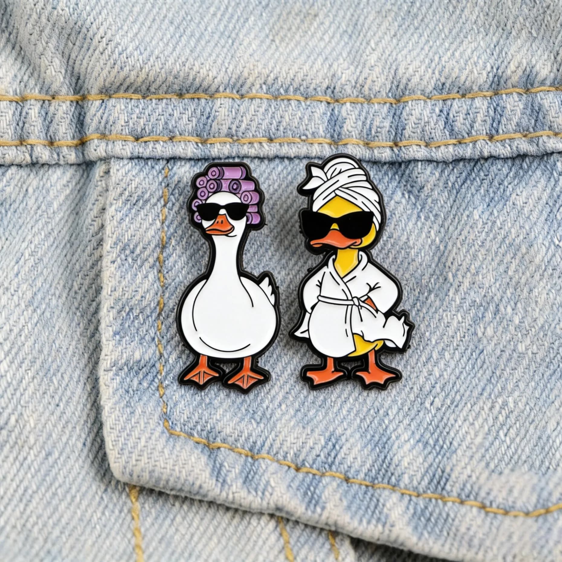 Kawaii Duck & Goose Enamel Pins Cute Spa Day Cartoon Lapel Pin Creative Animal Brooch for Backpack Couple Jewelry Gift