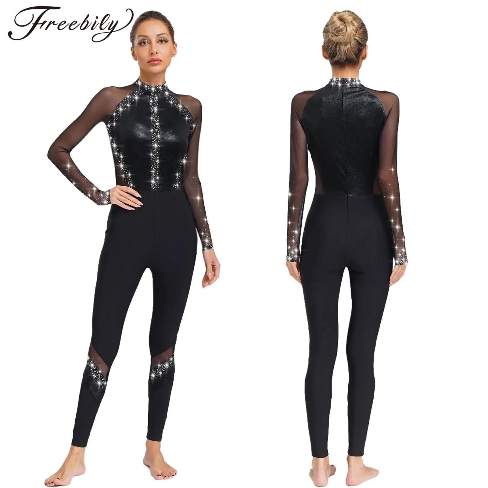 Body da ginnastica per donna, danza, pattinaggio di figura, acrobazie, balletto, yoga, tuta con strass lucidi, body a maniche lunghe in rete trasparente