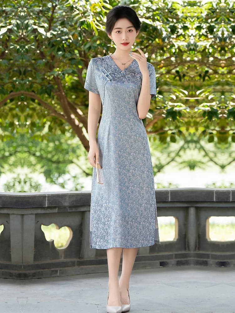 Abito Estivo Elegante per Giovani Mamme, Lunghezza Media, Scollo a V Profondo, Stile Cinese con Stampa Floreale, Copre la Pancia