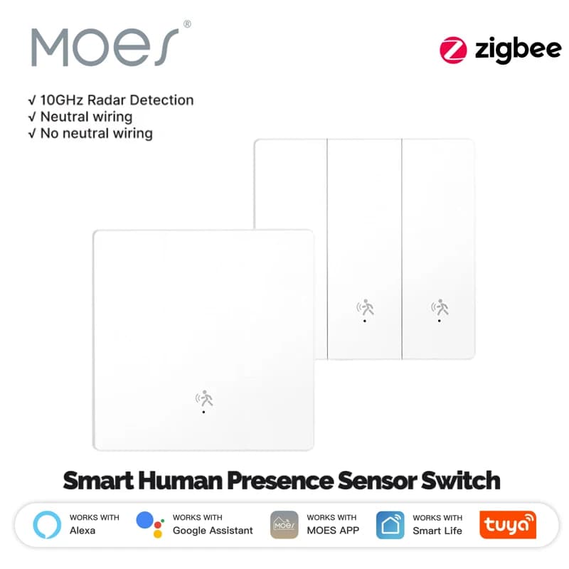 Interruttore Luce a Parete con Sensore Radar a Onde Millimetriche MOES Tuya ZigBee per Rilevamento Presenza Umana, Compatibile con Alexa e Google Home, Cablaggio Neutro Opzionale