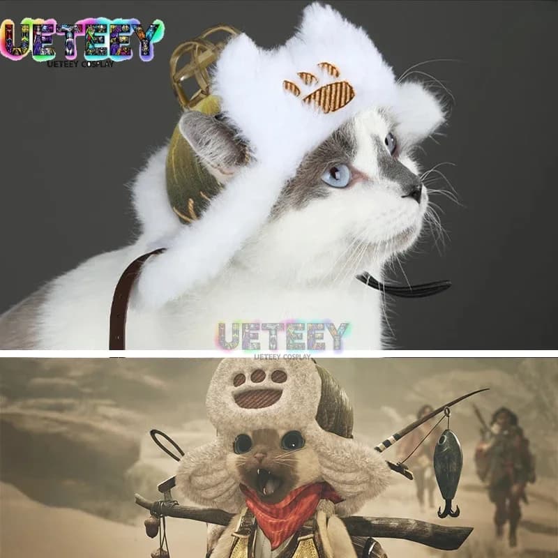 UETEEY Cos Athos Monster Hunter Cappello Wilds MHWilds Olivia Palico Cosplay Cappello per gatti MHW Elite Palico a pelo lungo per animali domestici Gatti
