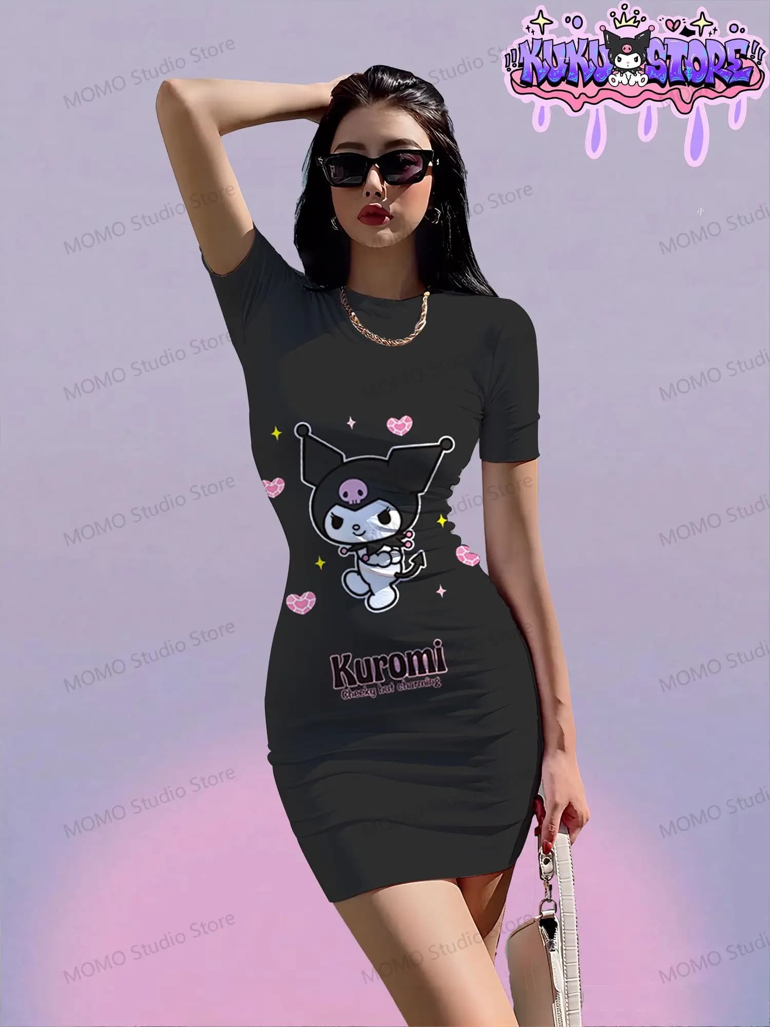 Abito Corto da Donna con Maniche Corte Kuromi Kawaii Estivo Sanrio per Ragazze S-3XL Collo Tondo Y2k 2026 Moda Nuovo Elegante Sexy