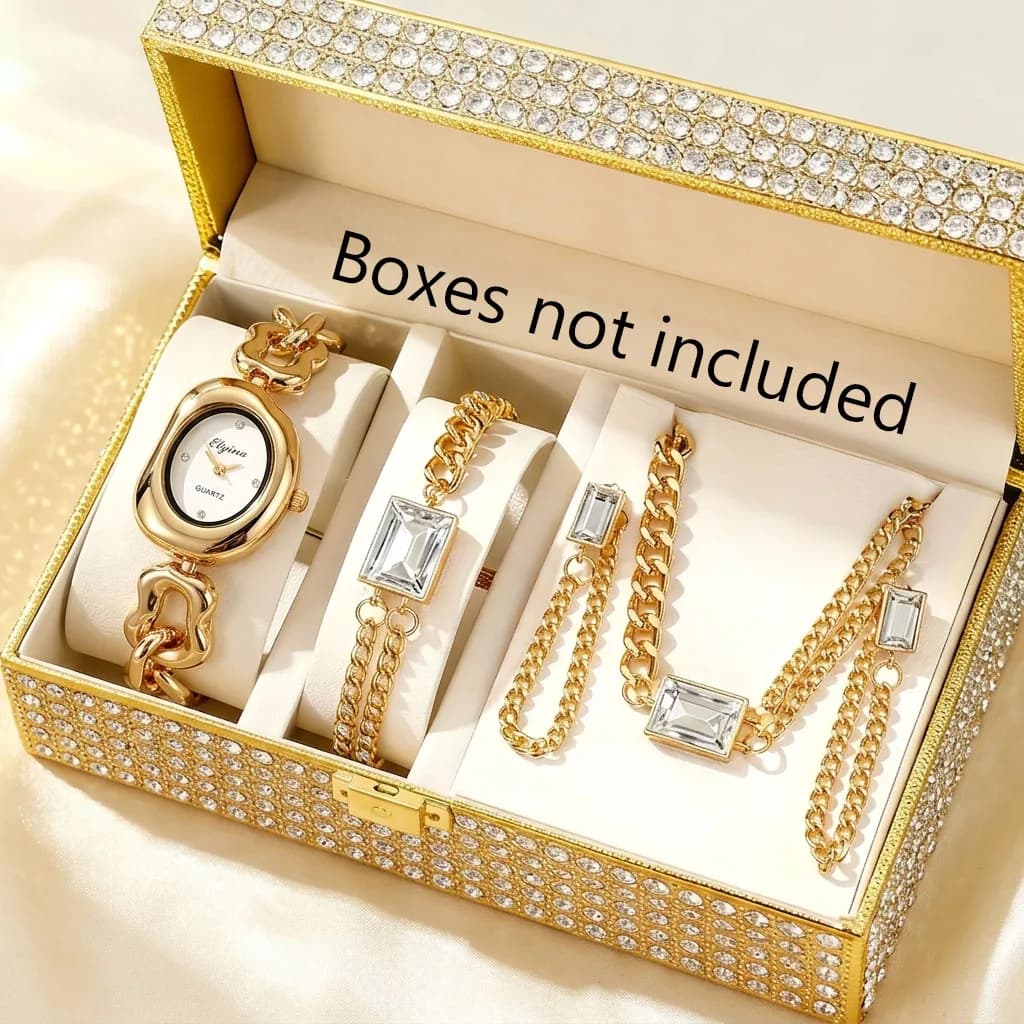 5PCS Fashion Irregular Women Quartz Watch Jewelry Set Elegant Chain Bracelet Rhinestone Ladies Wristwatch (Without Box）
