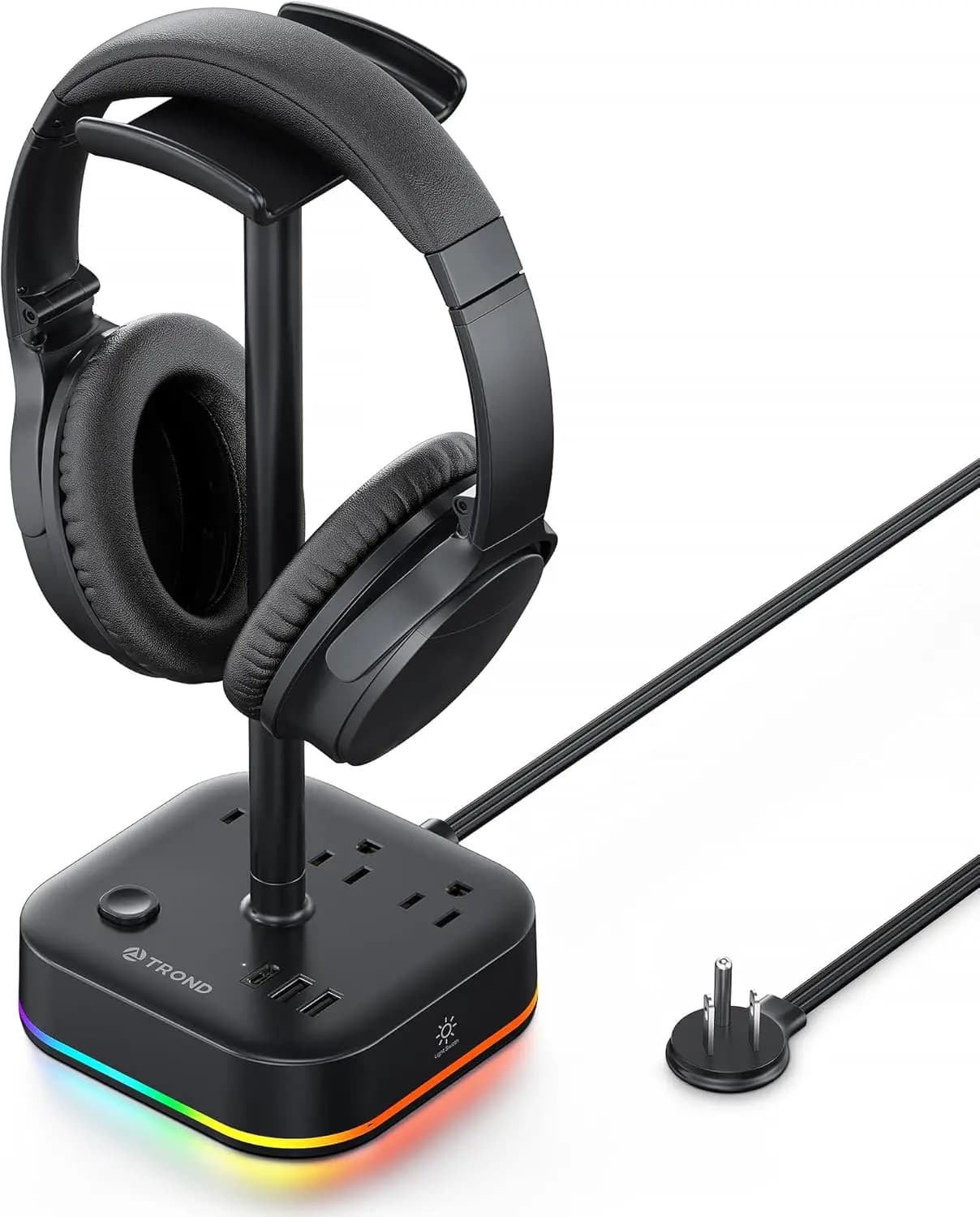 Supporto per cuffie da gaming con porte di ricarica USB, 3 prese CA e luci RGB - Organizer da scrivania per giocatori