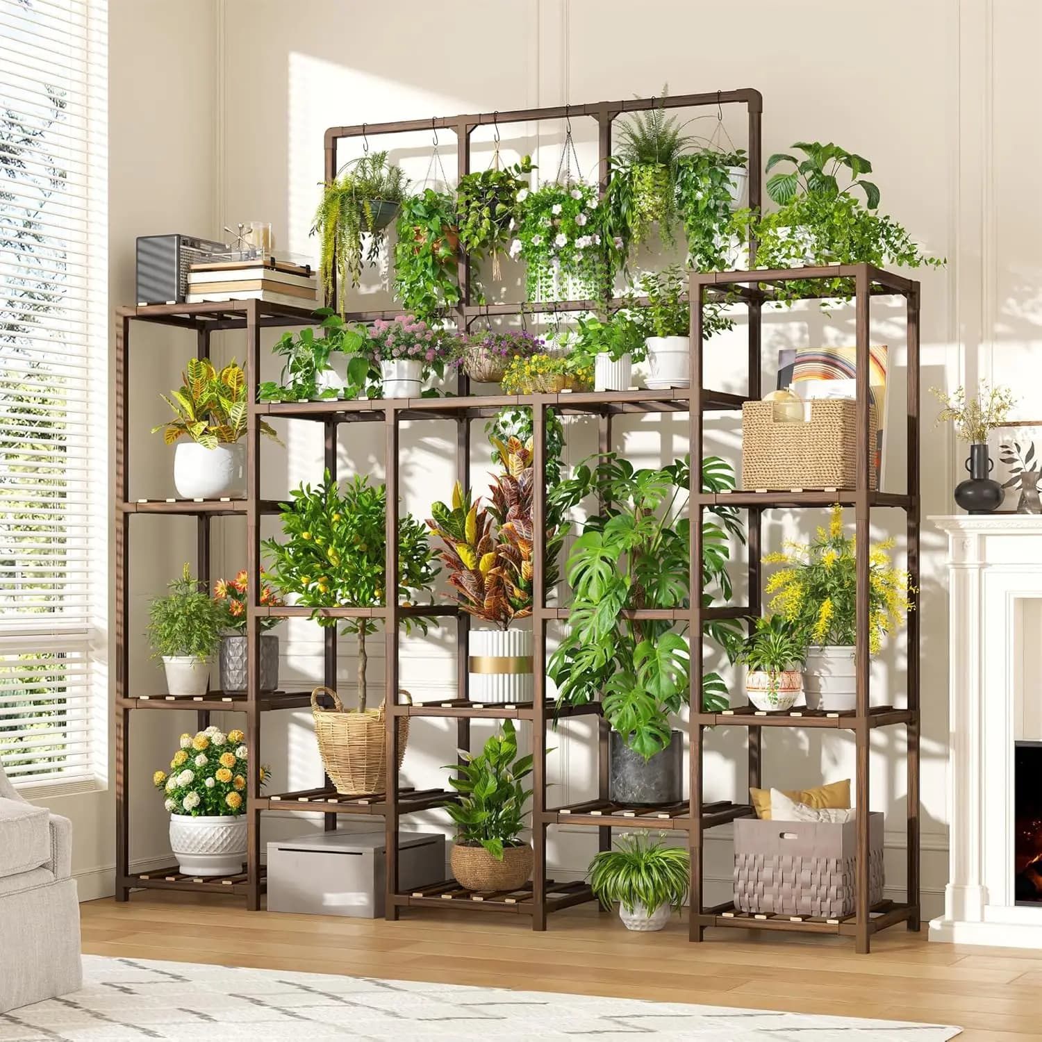 Supporto per Piante Alto in Legno con 18-22 Vasi per Uso Interno ed Esterno in Patio, Soggiorno, Giardino, Balcone 55.9Lx63.1Hx11.78P