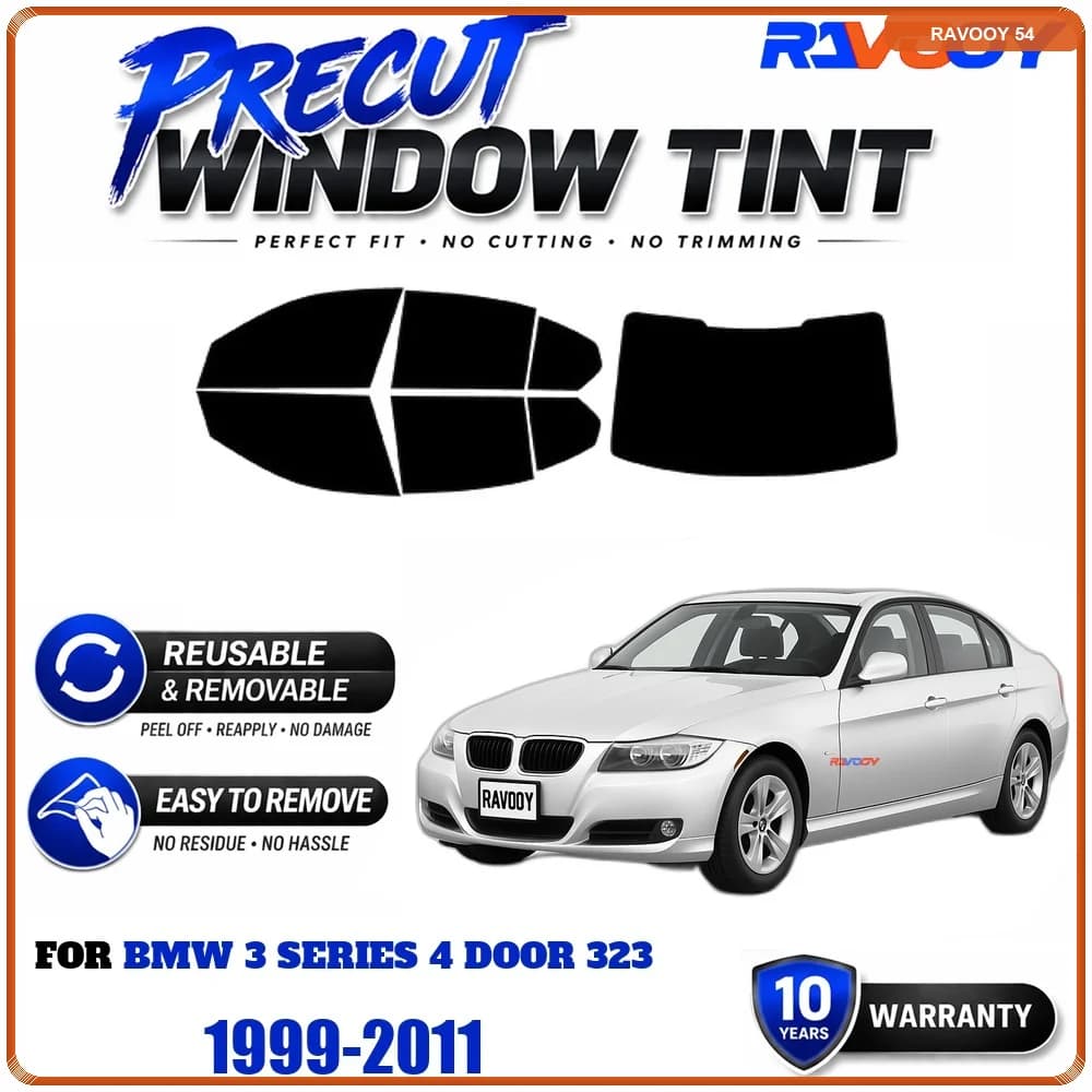RAVOOY Precut Window Tint, Reusable Removable EPU Film, Custom Fit for Bmw 3 Series 4 Door 323 1999-2011, UV Heat Protection