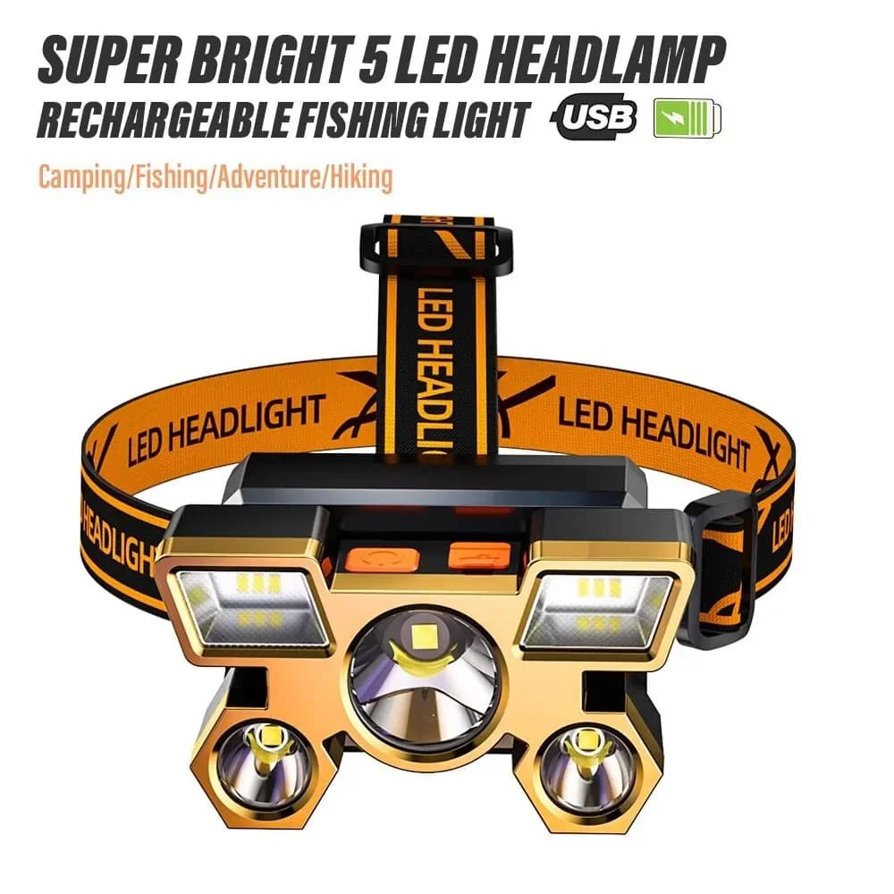 Lampada frontale da campeggio per pesca ad alta potenza 5 * LED Torcia per lampada da miniera montata sulla testa a lunga distanza ricaricabile super luminosa