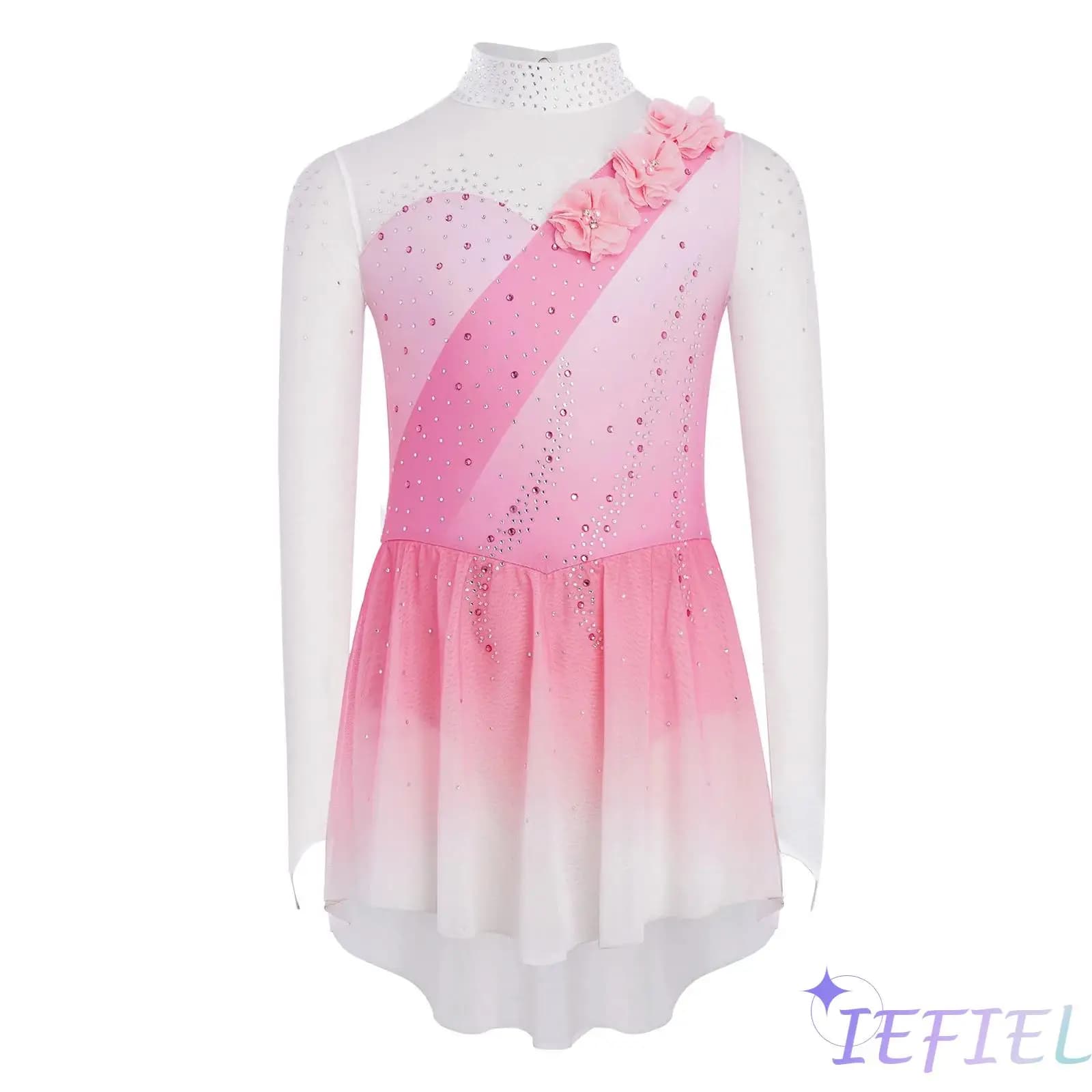 Costume da ballerina lirica per bambina, con ritaglio sul retro, in rete trasparente, patchwork, maniche lunghe, per ginnastica, pattinaggio su ghiaccio, danza
