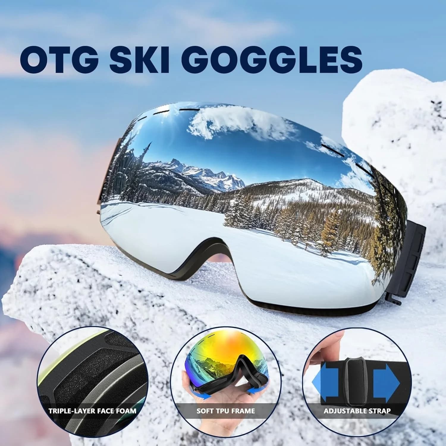 Occhiali da sci professionali da snowboard sopra occhiali Lenti antiappannamento Protezione UV senza cornice Occhiali da sole sportivi per uomo Donna Inverno