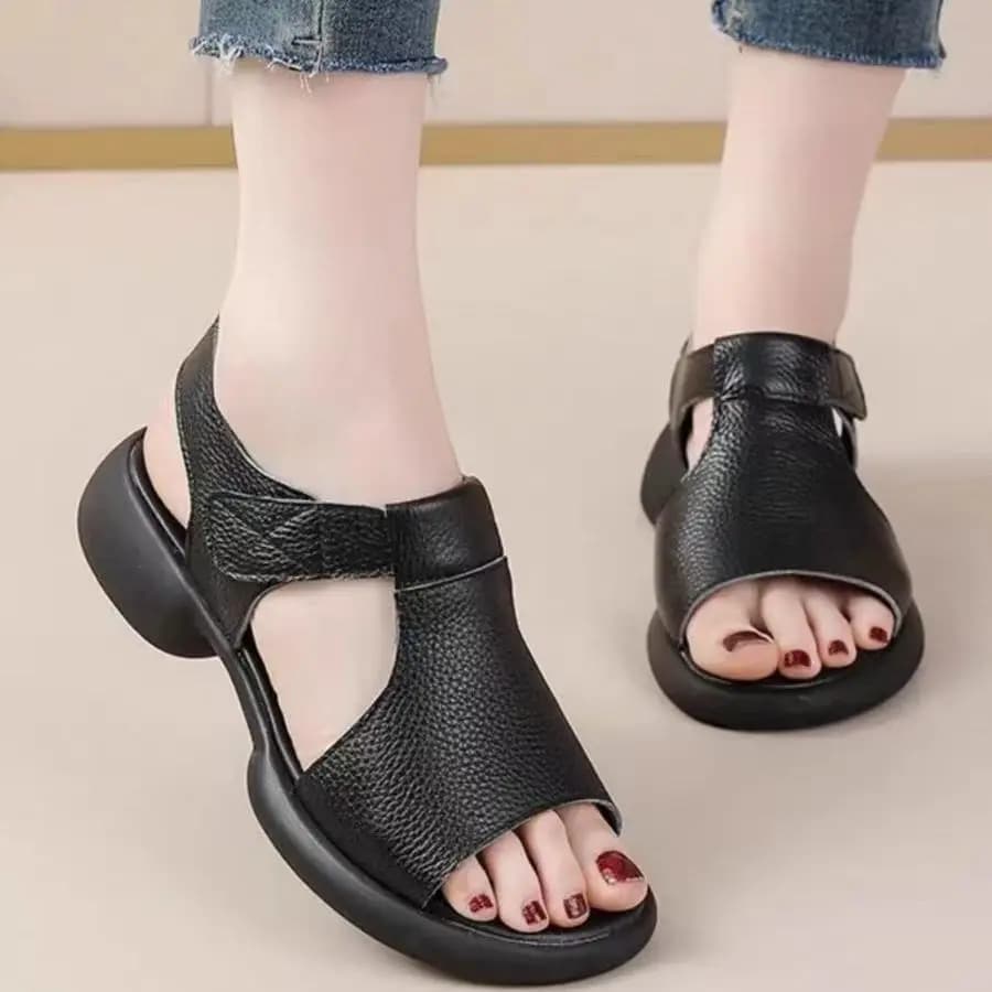 Sandalo estivo da donna con tacco largo in pelle, punta aperta, suola spessa, antiscivolo, scava fuori, comodo sandalo moderno in velcro leggero