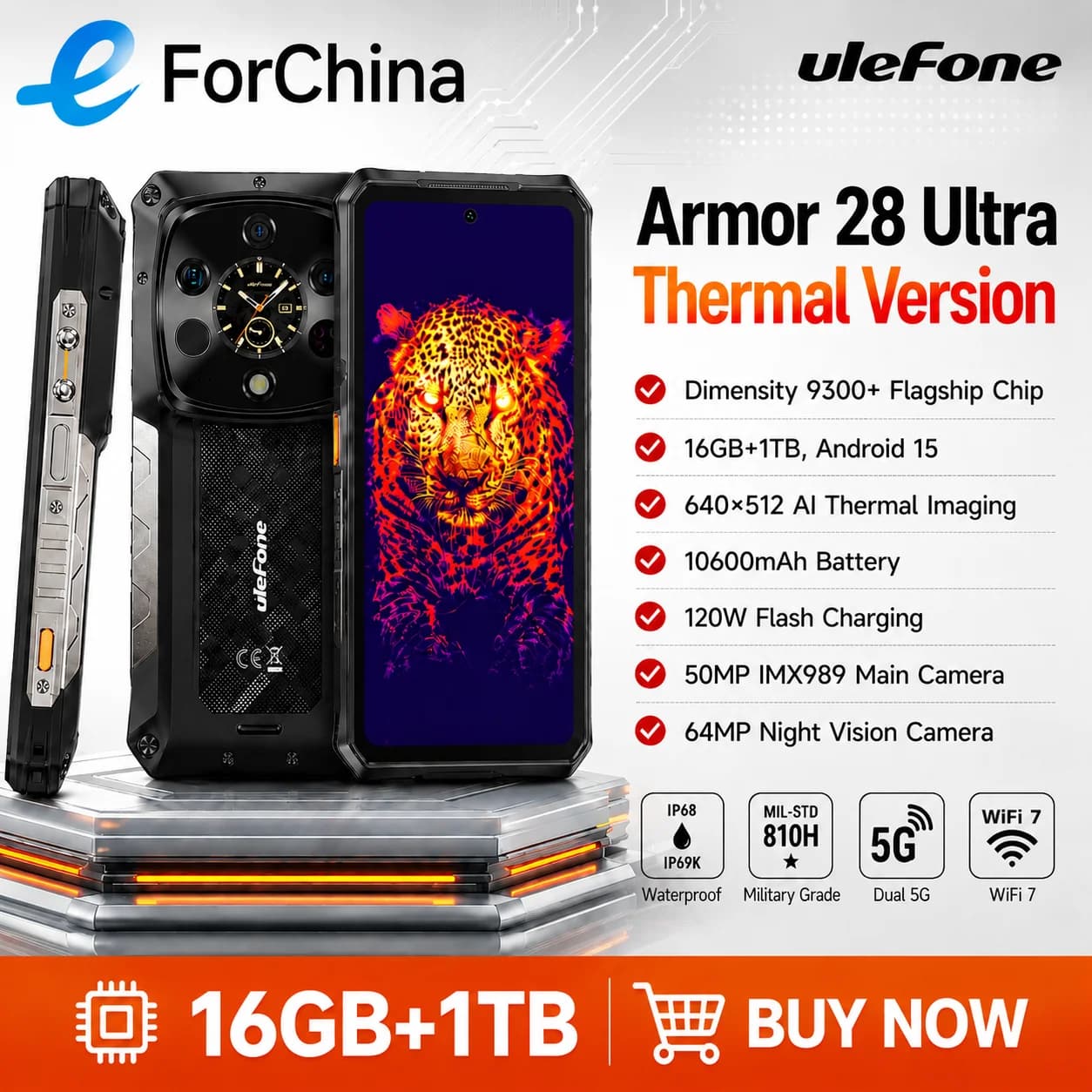 Ulefone Armor 28 Ultra Smartphone Rugged 5G 16GB+1TB Versione Termica 6.67'' 10600mAh 120W Fotocamera Posteriore 50MP Android 14 NFC