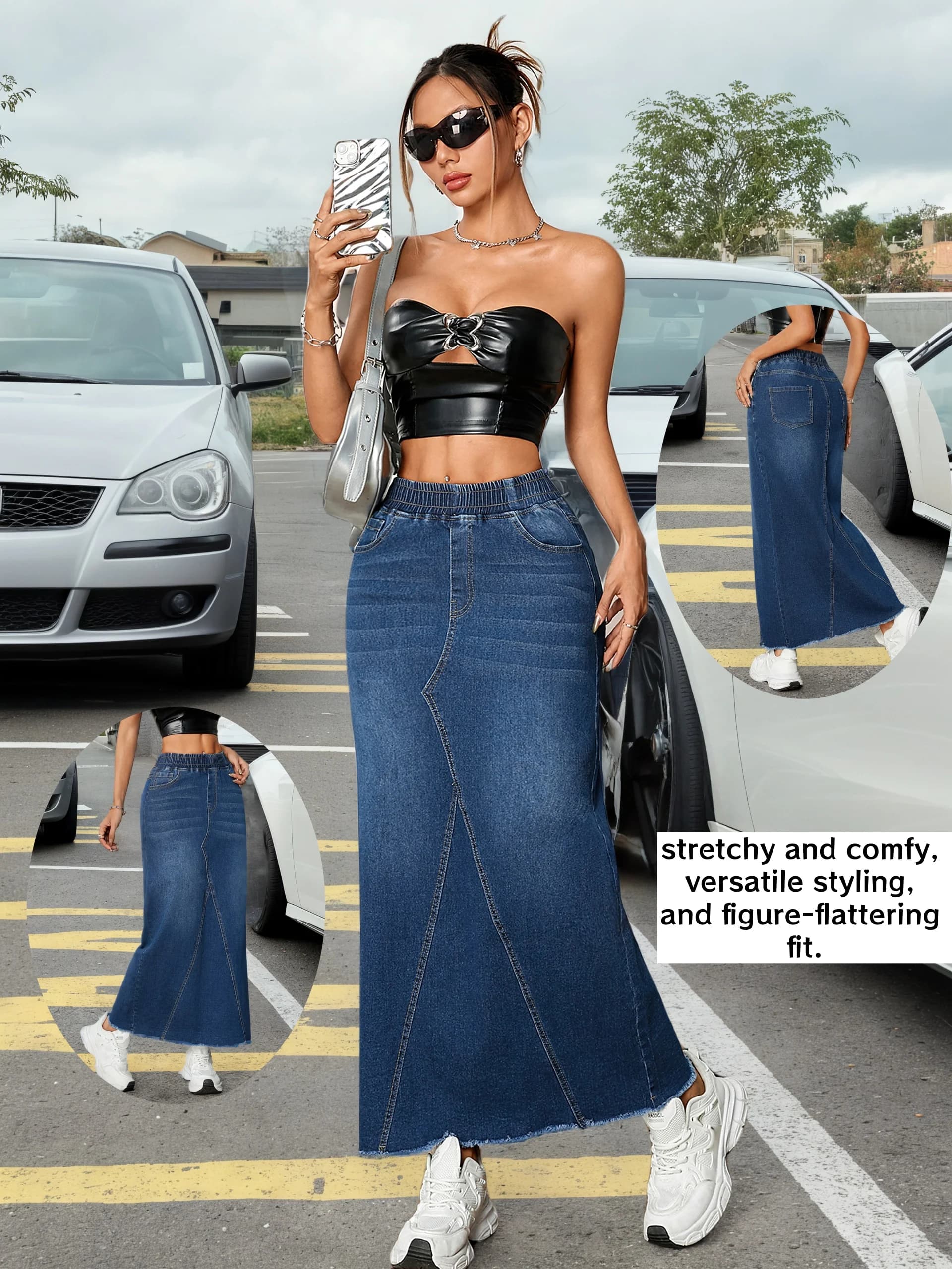 Long skirt in Versatile Women's Denim with Straight Leg with Elastic in Life and Ribbed Hem, in Jeans Elasticized
