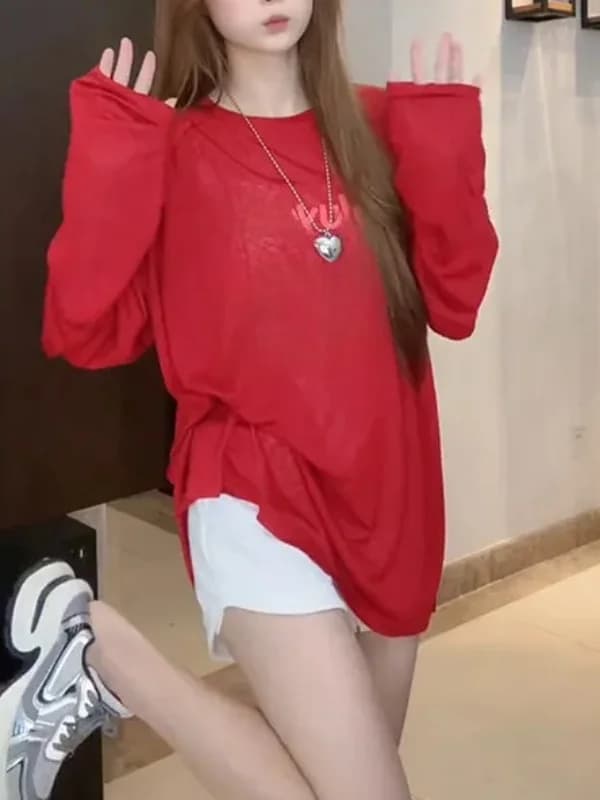 Retro American Large Size Letter Print Red Long Sleeve T-Shirt Women's Summer Thin Outerwear Cover up Top round Neck Design