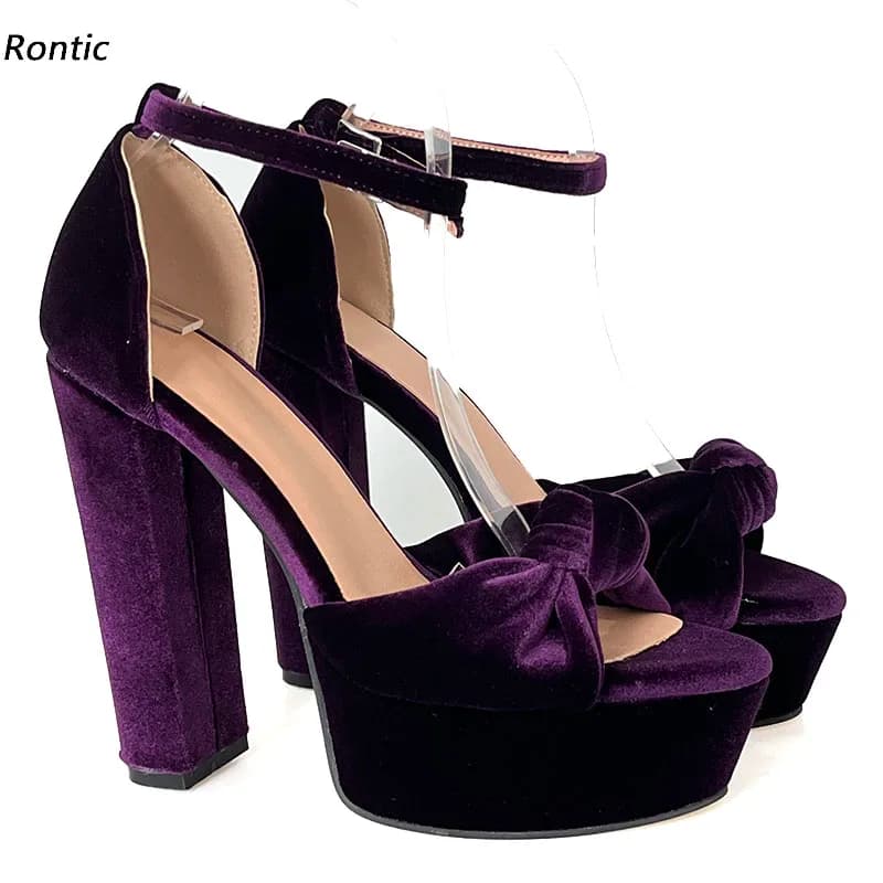 Rontic Handmade Women Platform Sandals Ankle Strap Chunky Heels Round Toe Pretty Purple Party Shoes Ladies US Plus Size 5-20