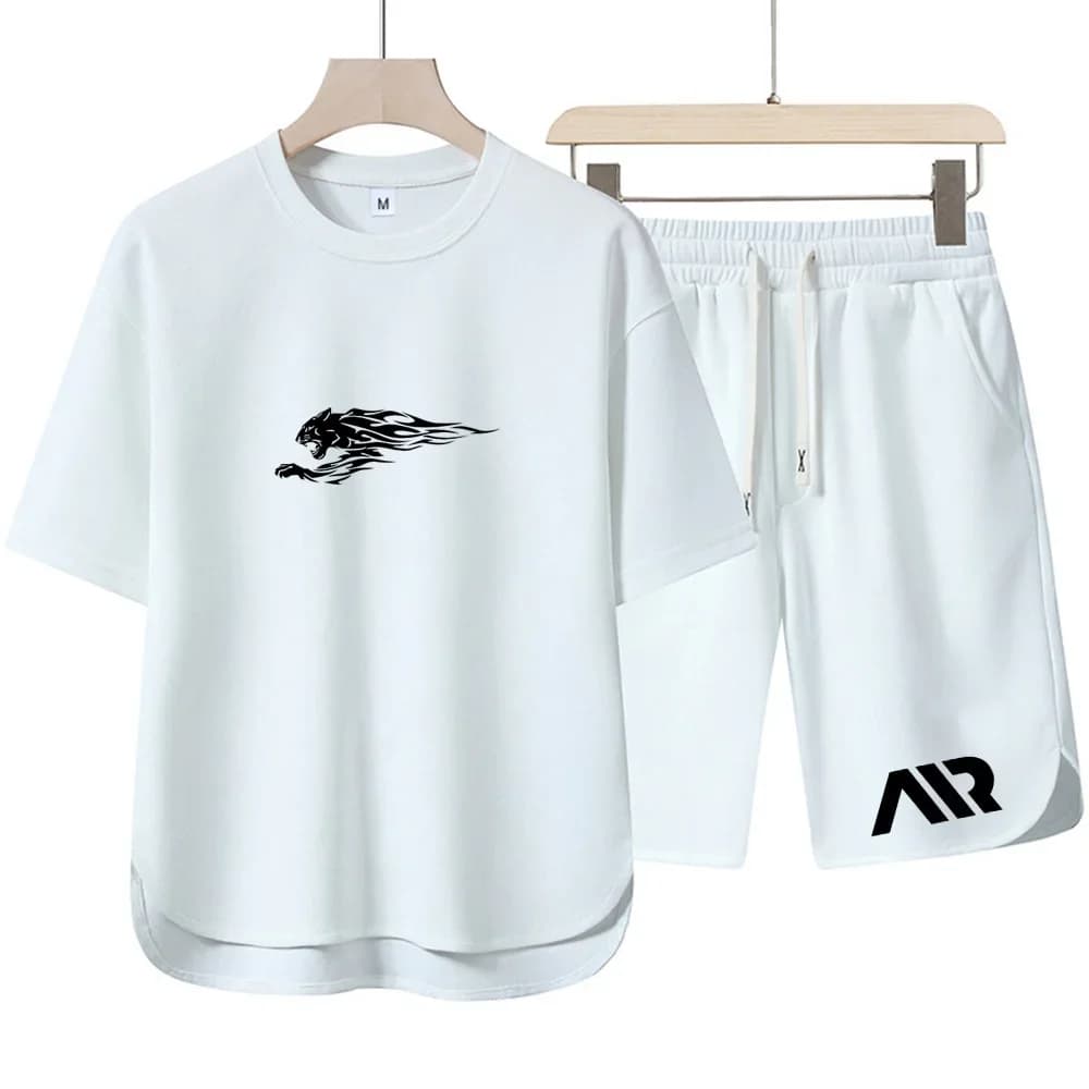 American Motorcycle Tribe Black Panther Print T-Shirt, Breathable AIR Logo Capri Pants Loose Couple Matching Outfit Set