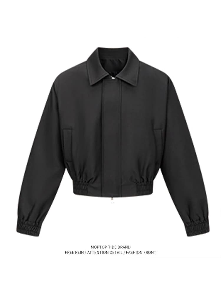 Cleanfit Short Zipper Jacket for Men Wide Shoulder Pad Flip Collar Pure Color Pilot Style Outerwear Spring Autumn Youth Fashion